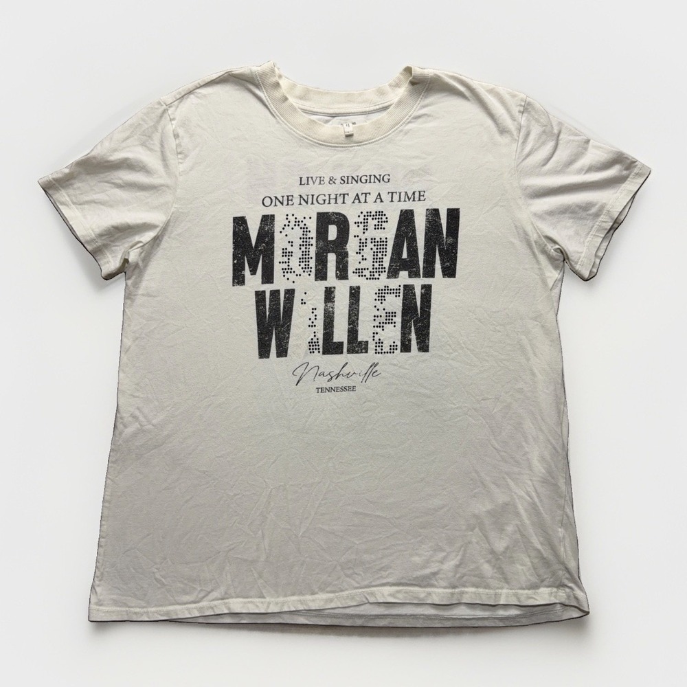 Morgan Wallen One Night At A Time Tour T Shirt Womens L Eggshell Studded Concert